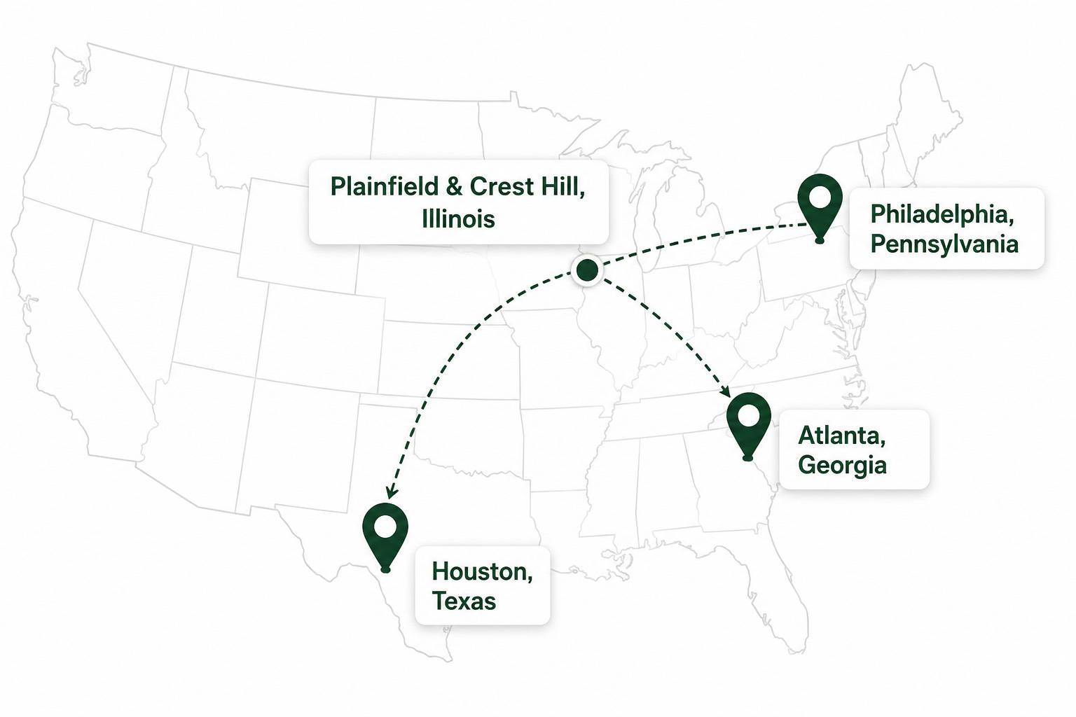 SCHAN dealer network map with locations in Plainfield and Crest Hill, Philadelphia, Atlanta, and Houston