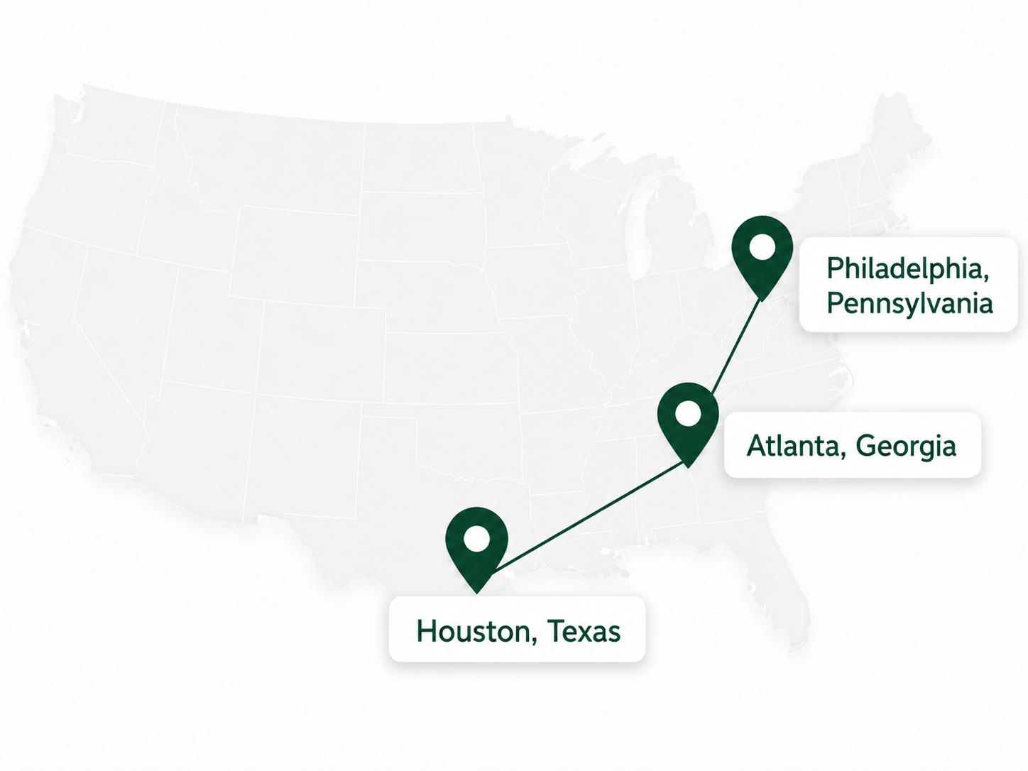 SCHAN dealer network map with locations in Plainfield and Crest Hill, Philadelphia, Atlanta, and Houston